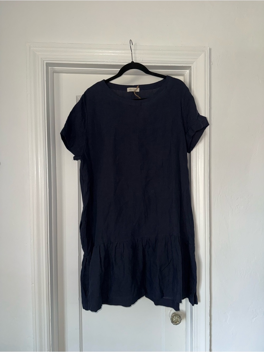 NWT 100% Linen Natur Linen - Custom Navy Short-Sleeve Ruffle-Hem Dress - US 2X